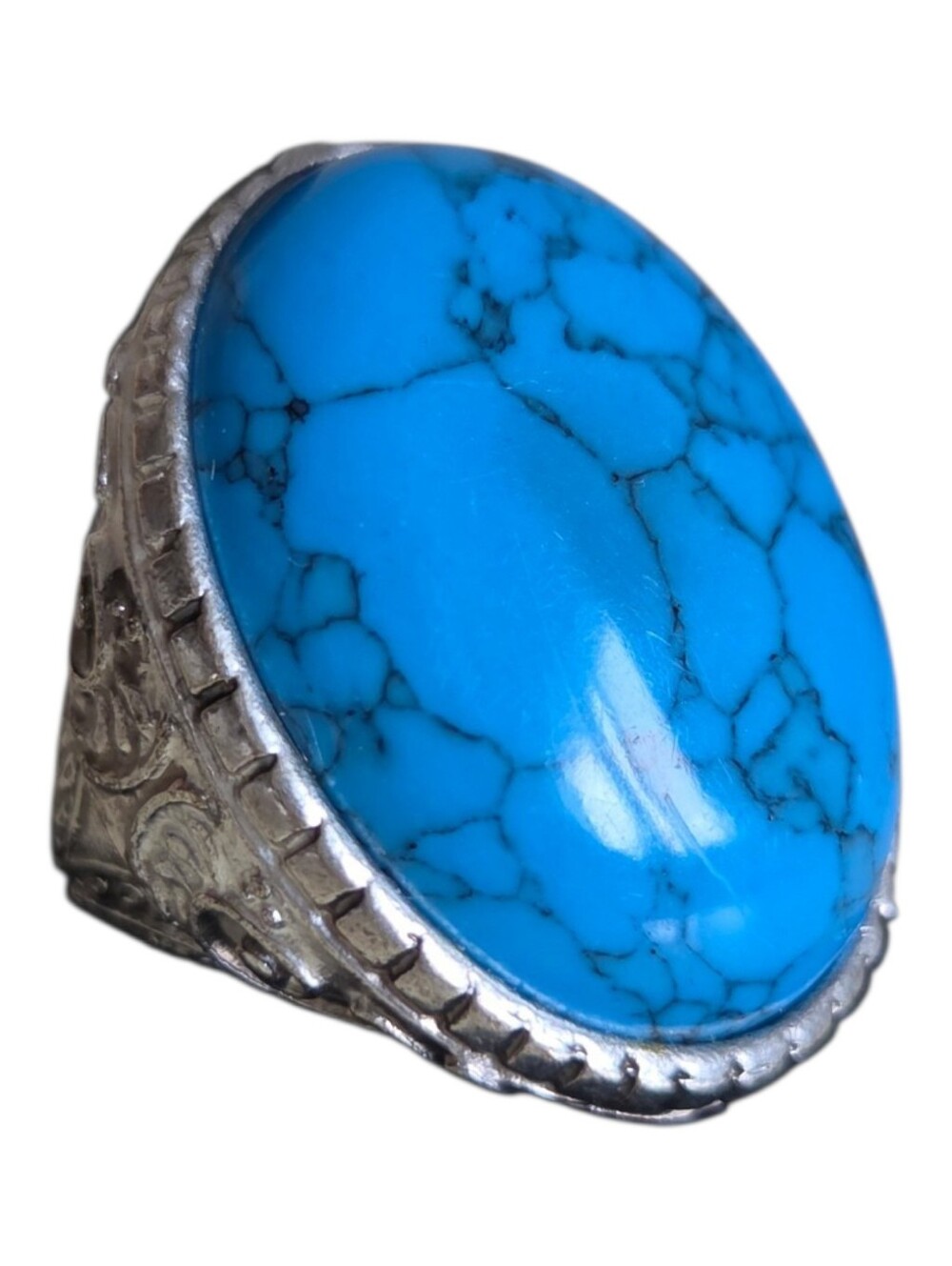 chunky faux turquoise statement ring silver filigree high dome oval cocktail
